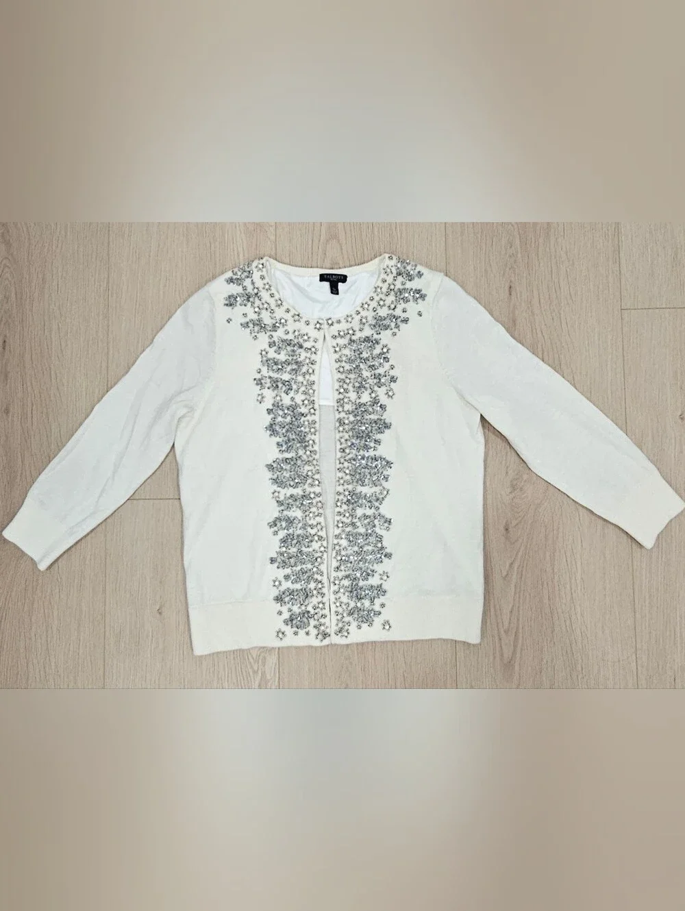 Talbots Petites SP Ivory Beaded Pearl Sequin Embellished Cardigan Lambswool